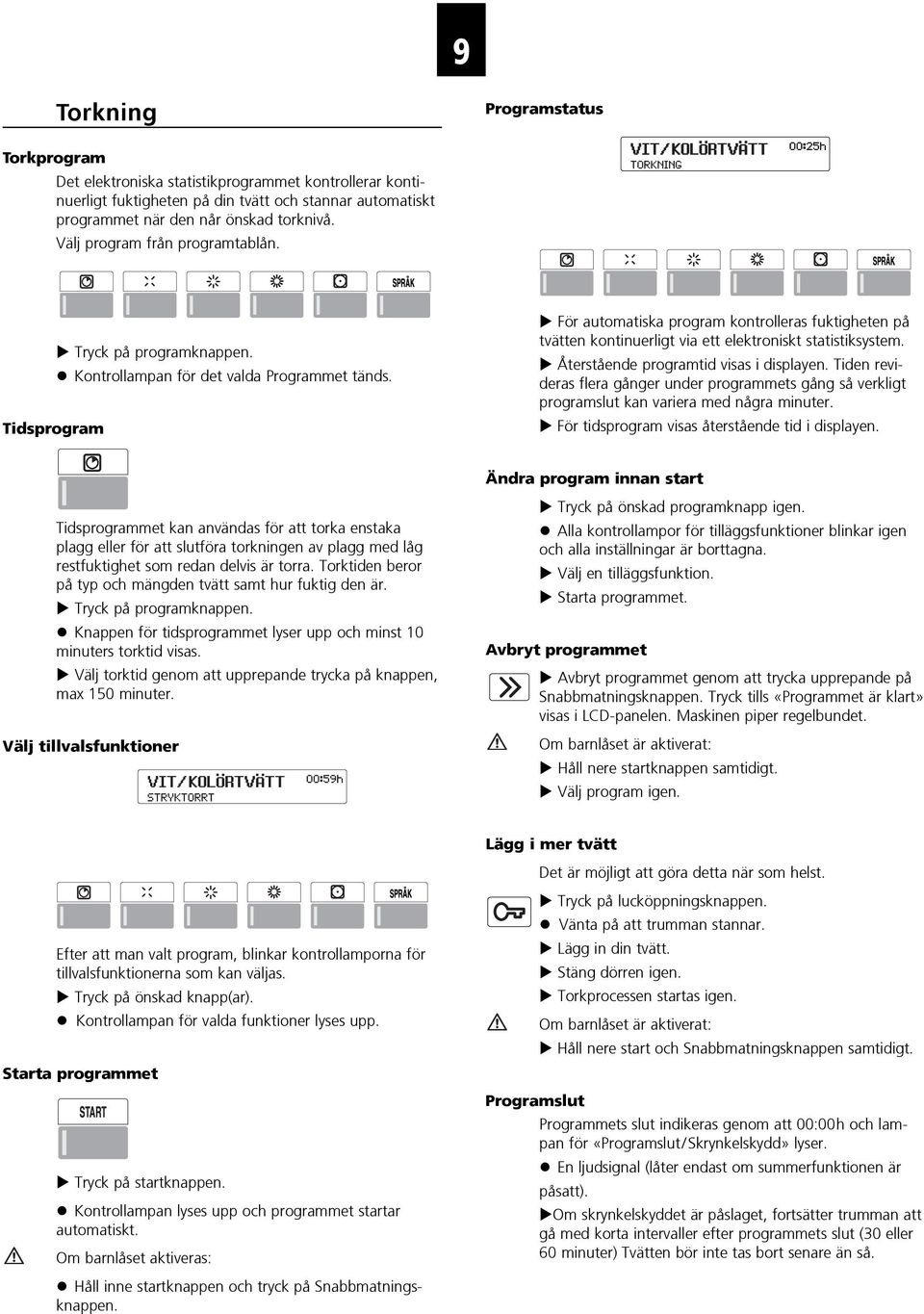 Tidsprogram För automatiska program kontrolleras fuktigheten på tvätten kontinuerligt via ett elektroniskt statistiksystem. Återstående programtid visas i displayen.