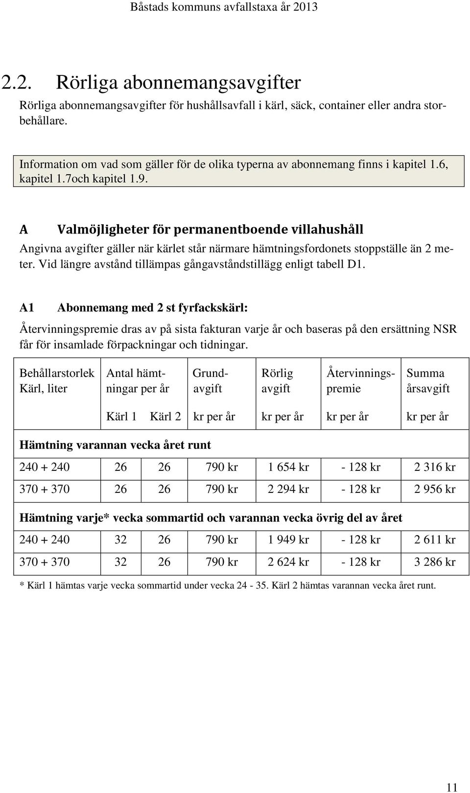 A Valmöjligheter för permanentboende villahushåll Angivna avgifter gäller när kärlet står närmare hämtningsfordonets stoppställe än 2 meter.