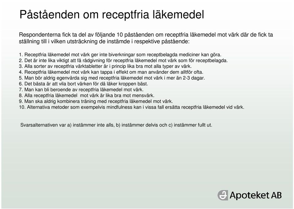 Det är inte lika viktigt att få rådgivning för receptfria läkemedel mot värk som för receptbelagda. 3. Alla sorter av receptfria värktabletter är i princip lika bra mot alla typer av värk. 4.