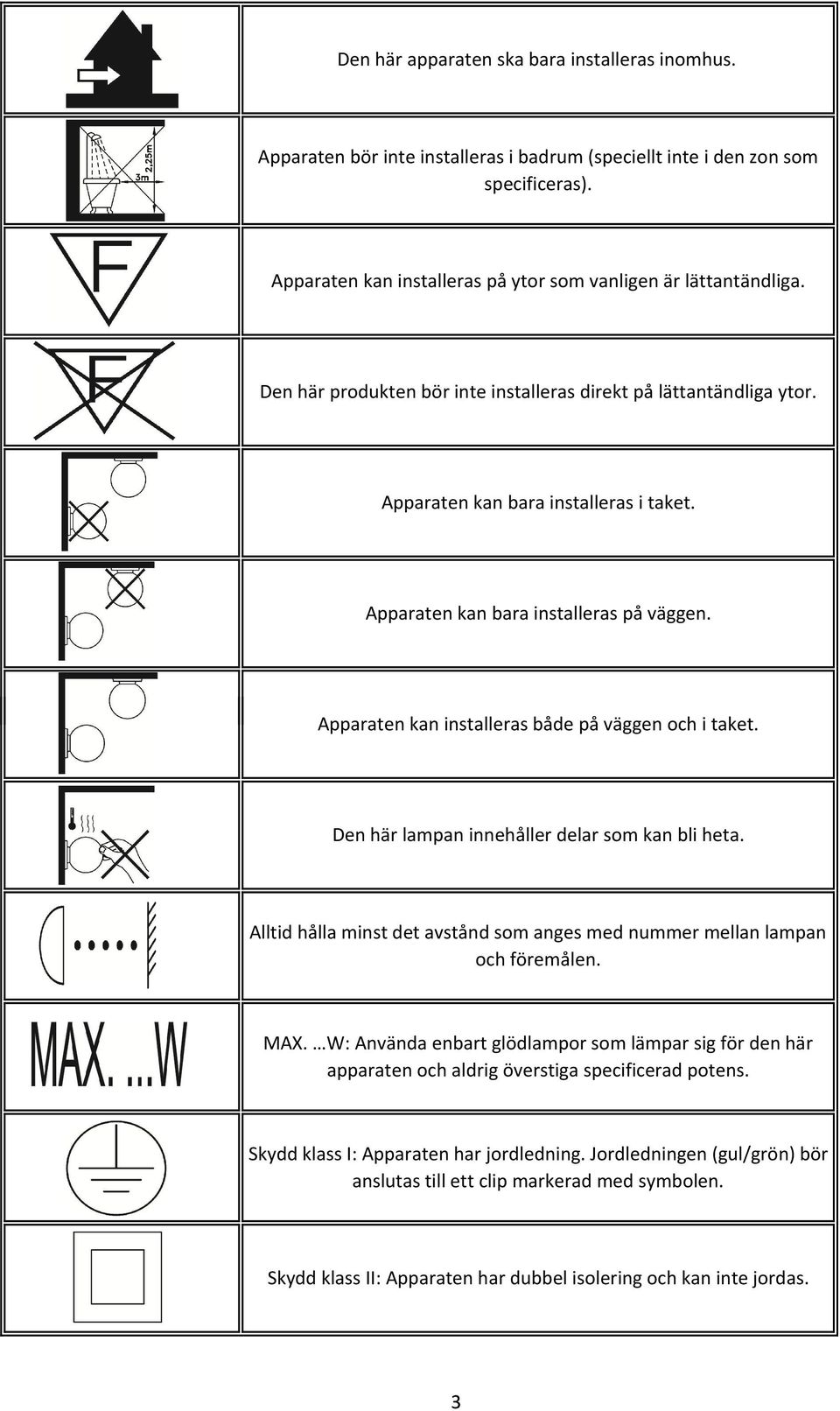 Apparaten kan installeras både på väggen och i taket. Den här lampan innehåller delar som kan bli heta. Alltid hålla minst det avstånd som anges med nummer mellan lampan och föremålen. MAX.