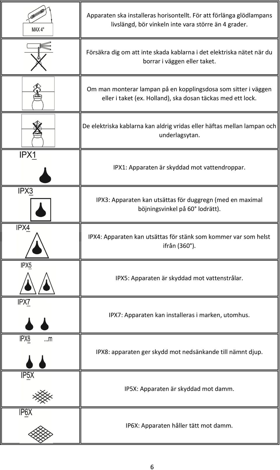Holland), ska dosan täckas med ett lock. De elektriska kablarna kan aldrig vridas eller häftas mellan lampan och underlagsytan. IPX1: Apparaten är skyddad mot vattendroppar.
