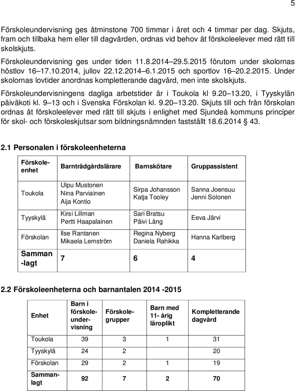 Förskoleundervisningens dagliga arbetstider är i Toukola kl 9.20 