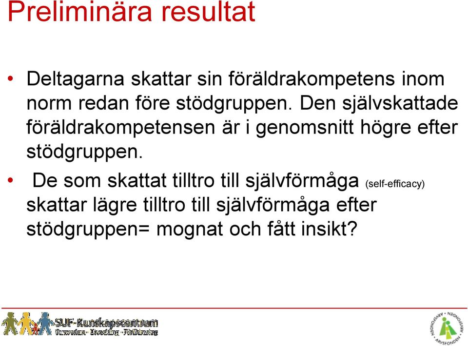 Den självskattade föräldrakompetensen är i genomsnitt högre efter stödgruppen.