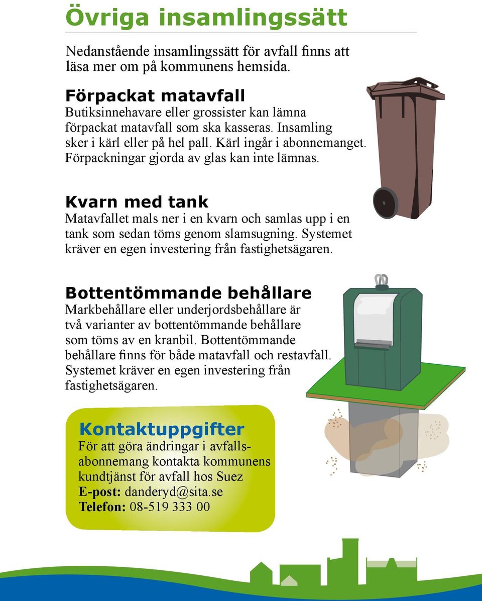 Förpackningar gjorda av glas kan inte lämnas. Kvarn med tank Matavfallet mals ner i en kvarn och samlas upp i en tank som sedan töms genom slamsugning.
