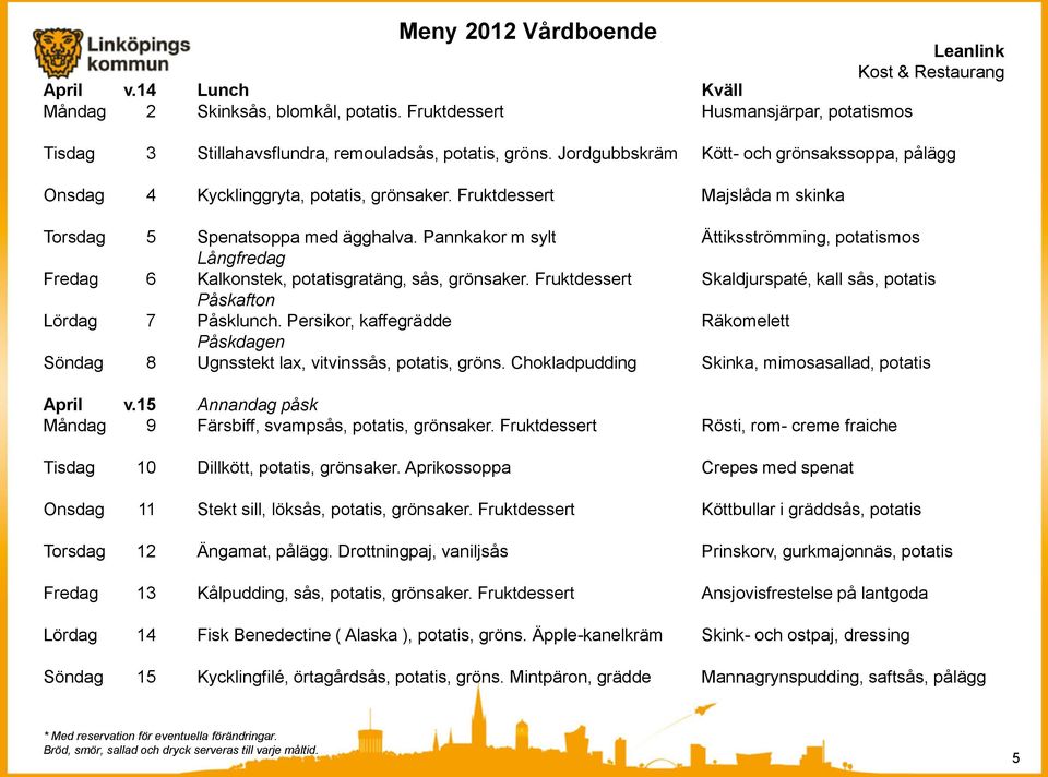 Pannkakor m sylt Ättiksströmming, potatismos Långfredag Fredag 6 Kalkonstek, potatisgratäng, sås, grönsaker. Fruktdessert Skaldjurspaté, kall sås, potatis Påskafton Lördag 7 Påsklunch.