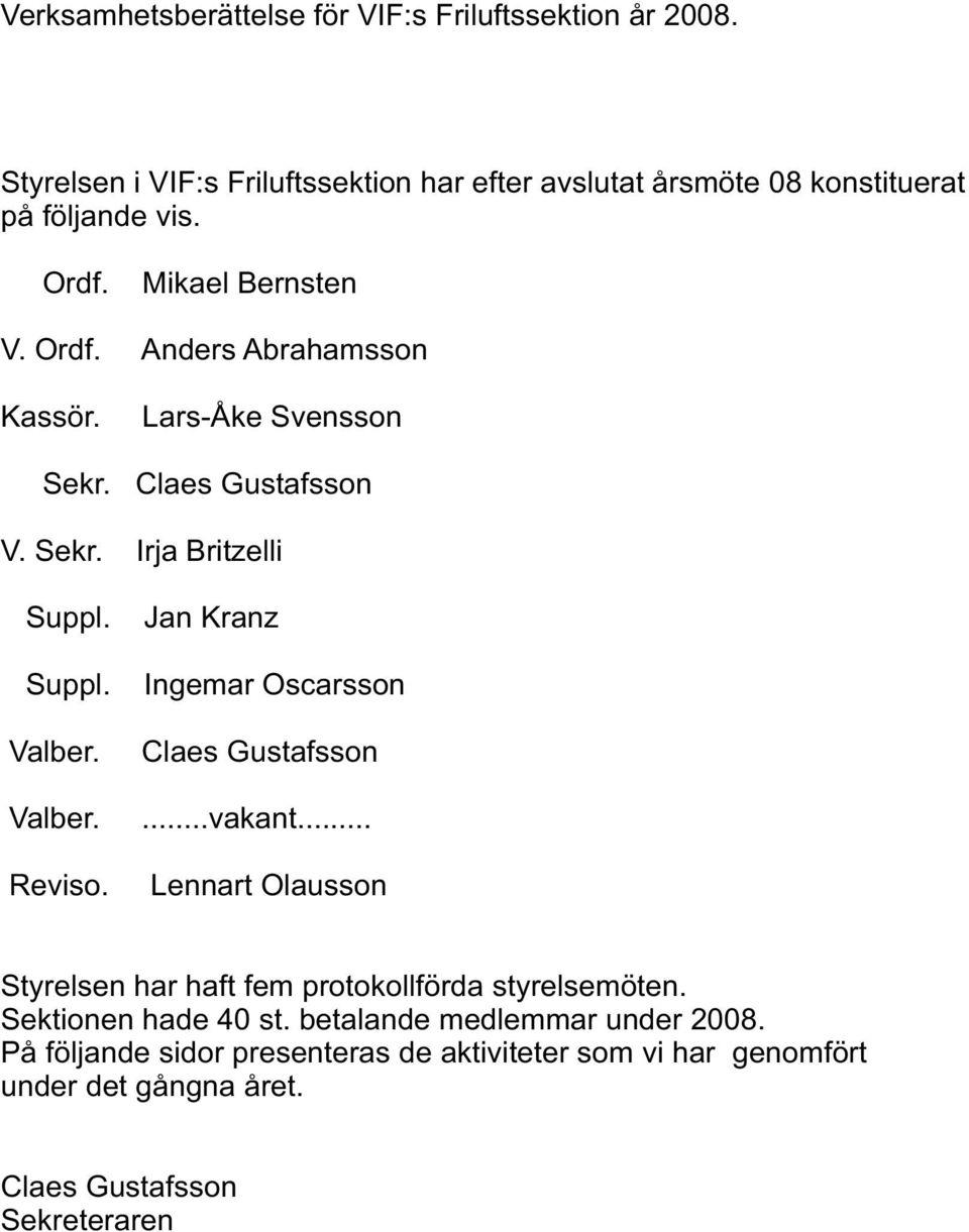 Lars-Åke Svensson Sekr. ustafsson V. Sekr. Irja Britzelli Suppl. Suppl. Valber. Valber. Reviso. Jan Kranz Ingemar Oscarsson ustafsson...vakant.