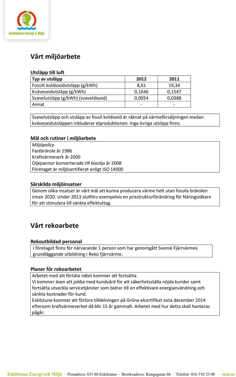 Mål och rutiner i miljöarbete Miljöpolicy Fastbränsle år 1986 Kraftvärmeverk år 2000 Oljepannor konverterade till bioolja år 2008 Företaget är miljöcertifierat enligt ISO 14000 Särskilda