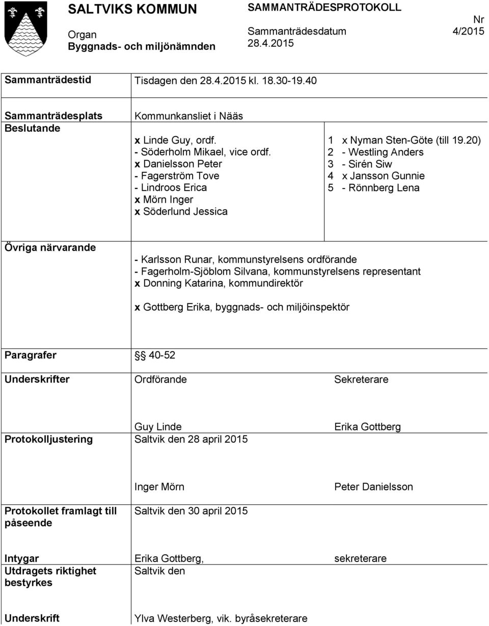 20) 2 - Westling Anders 3 - Sirén Siw 4 x Jansson Gunnie 5 - Rönnberg Lena Övriga närvarande - Karlsson Runar, kommunstyrelsens ordförande - Fagerholm-Sjöblom Silvana, kommunstyrelsens representant x