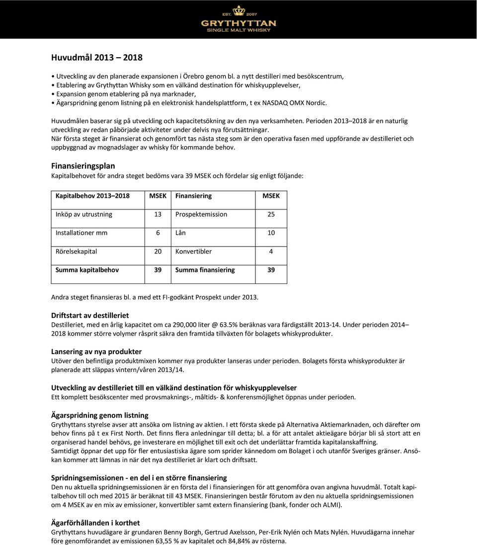 elektronisk handelsplattform, t ex NASDAQ OMX Nordic. Huvudmålen baserar sig på utveckling och kapacitetsökning av den nya verksamheten.