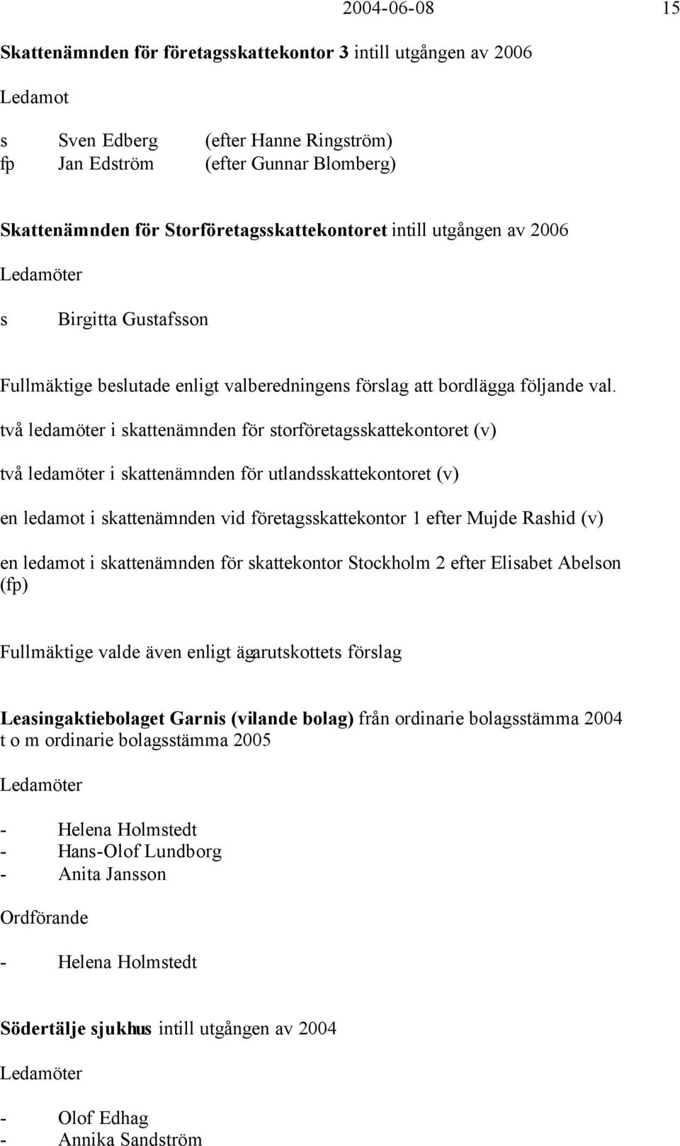 två ledamöter i skattenämnden för storföretagsskattekontoret (v) två ledamöter i skattenämnden för utlandsskattekontoret (v) en ledamot i skattenämnden vid företagsskattekontor 1 efter Mujde Rashid