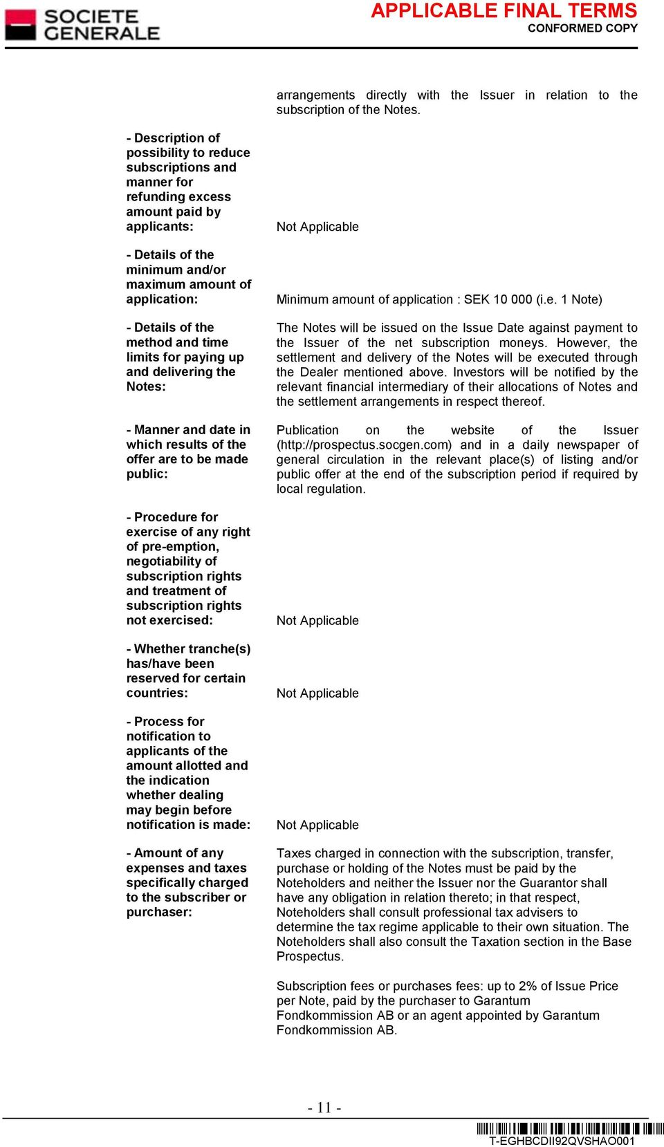 and time limits for paying up and delivering the Notes: - Manner and date in which results of the offer are to be made public: - Procedure for exercise of any right of pre-emption, negotiability of