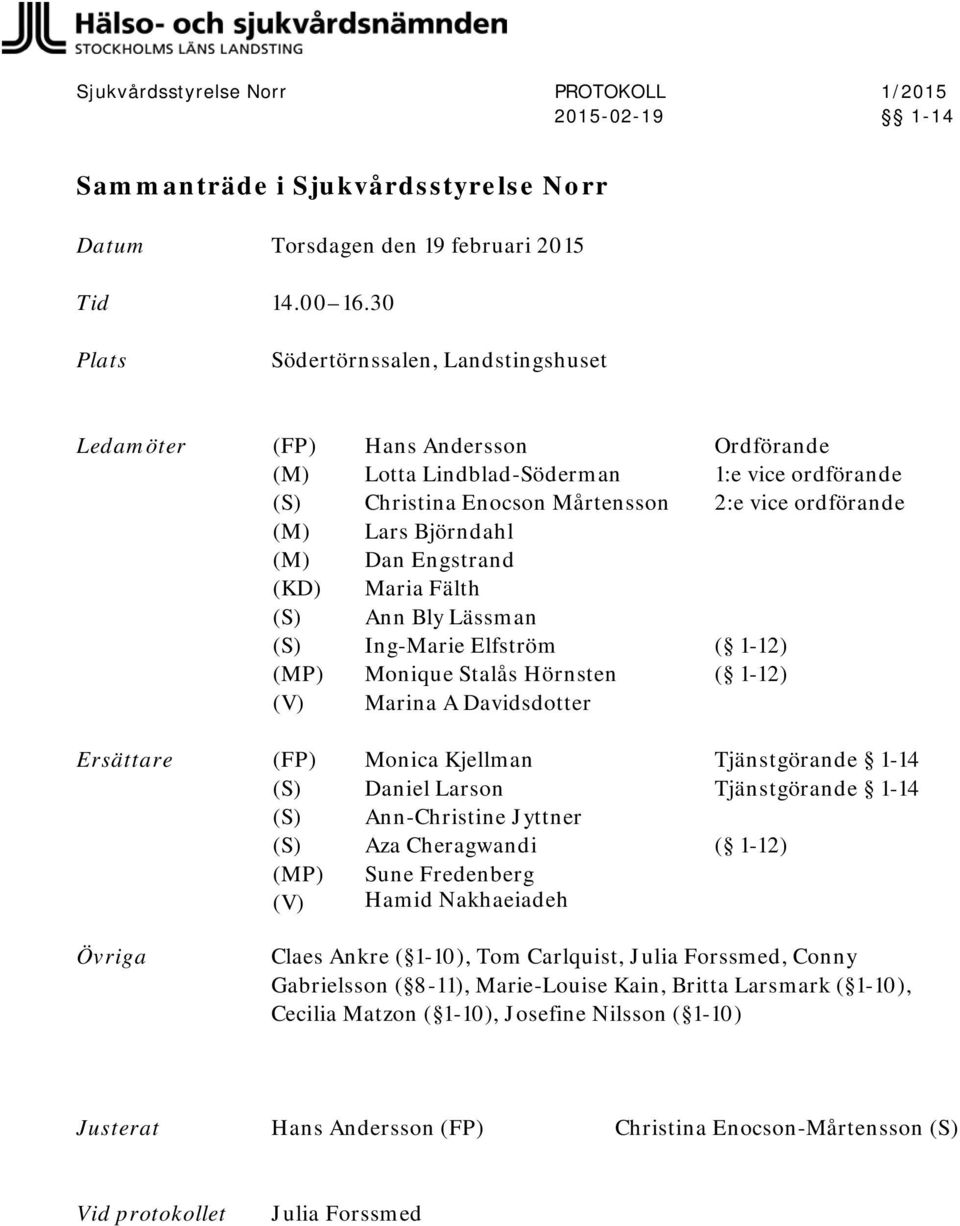 Lässman Ing-Marie Elfström Monique Stalås Hörnsten Marina A Davidsdotter Ordförande 1:e vice ordförande 2:e vice ordförande ( 1-12) ( 1-12) Ersättare (FP) (MP) (V) Monica Kjellman Daniel Larson