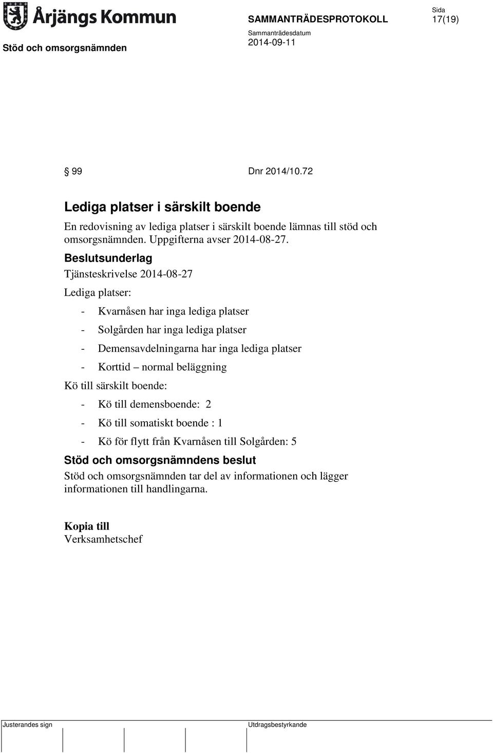 Tjänsteskrivelse 2014-08-27 Lediga platser: - Kvarnåsen har inga lediga platser - Solgården har inga lediga platser - Demensavdelningarna har inga