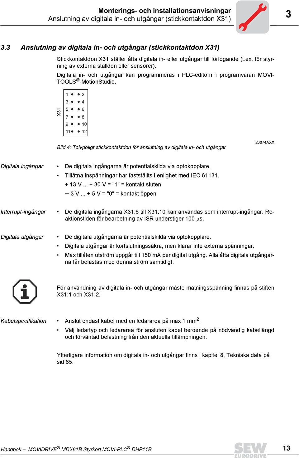 Digitala in- och utgångar kan programmeras i PLC-editorn i programvaran MOVI- TOOLS -MotionStudio.