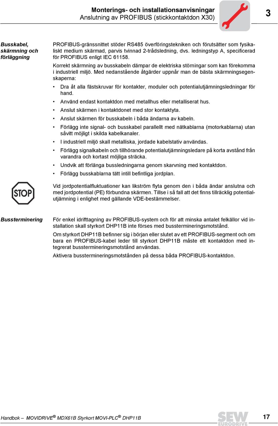 Korrekt skärmning av busskabeln dämpar de elektriska störningar som kan förekomma i industriell miljö.
