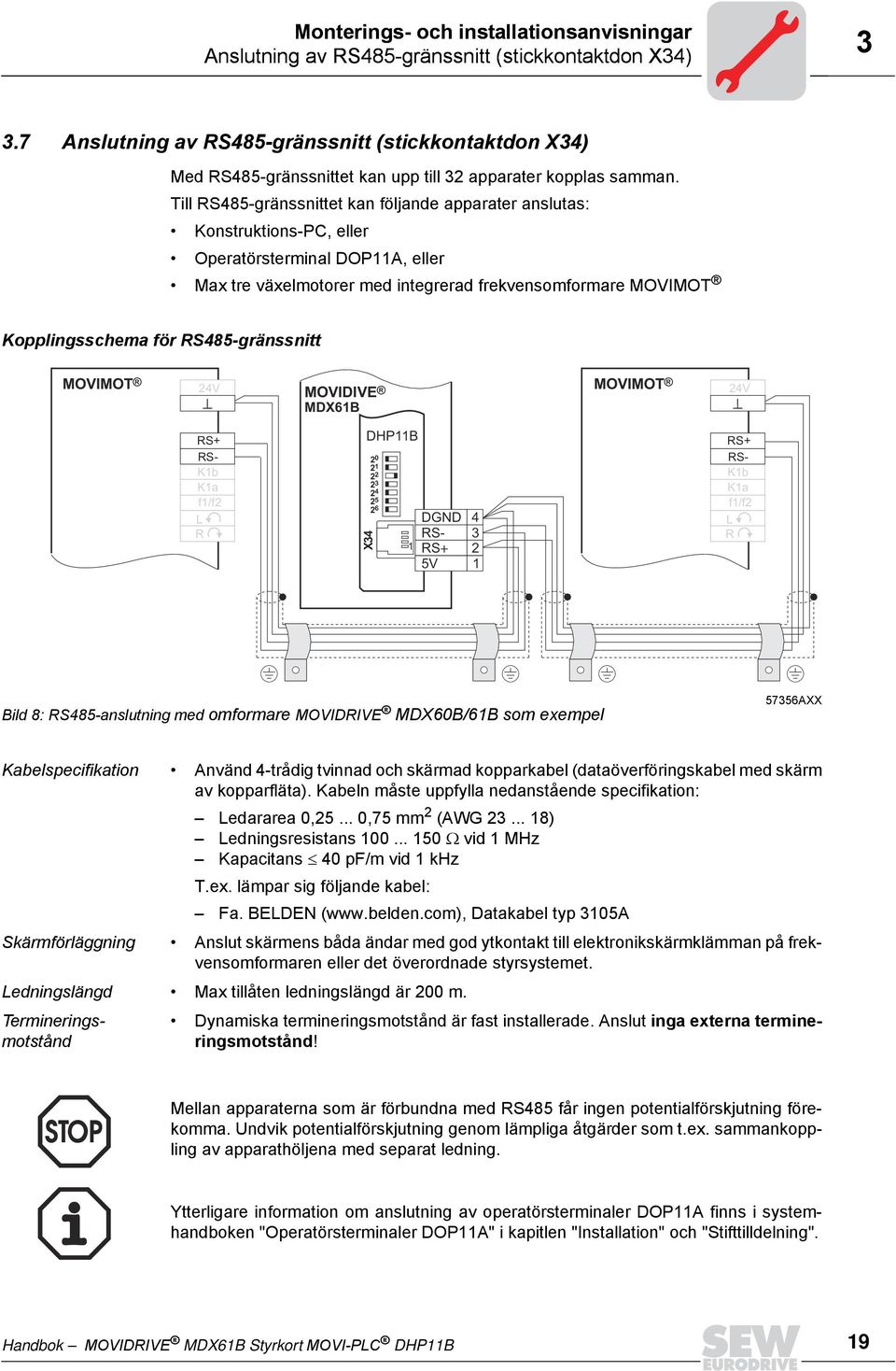 Till RS485-gränssnittet kan följande apparater anslutas: Konstruktions-PC, eller Operatörsterminal DOP11A, eller Max tre växelmotorer med integrerad frekvensomformare MOVIMOT Kopplingsschema för