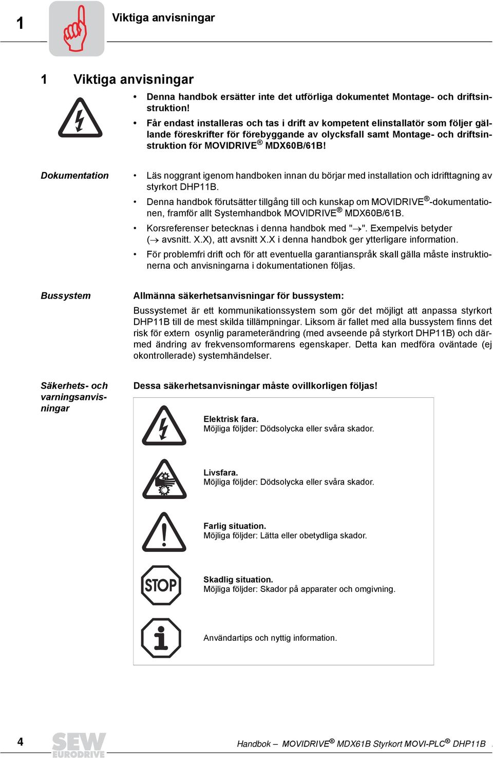 Dokumentation Läs noggrant igenom handboken innan du börjar med installation och idrifttagning av styrkort DHP11B.