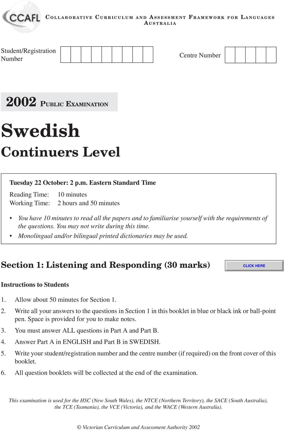 er 00 PUBLIC EXAMINATION Swedish Level Tuesday October: p.m.
