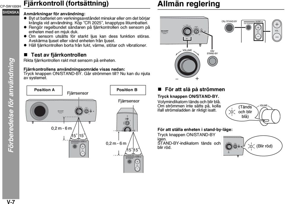 Håll fjärrkontrollen borta från fukt, värme, stötar och vibrationer. Allmän reglering Förberedelse för användning Test av fjärrkontrollen Rikta fjärrkontrollen rakt mot sensorn på enheten.