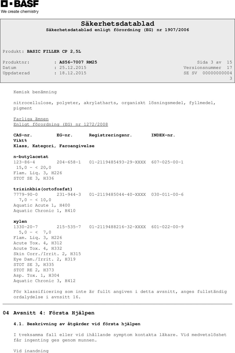 3, H226 STOT SE 3, H336 trizinkbis(ortofosfat) 7779-90-0 231-944-3 01-2119485044-40-XXXX 030-011-00-6 7,0 - < 10,0 Aquatic Acute 1, H400 Aquatic Chronic 1, H410 xylen 1330-20-7 215-535-7
