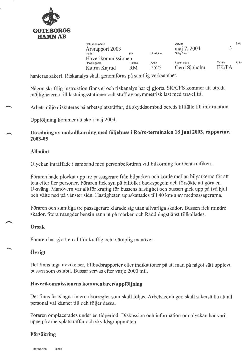 Arbetsmiljö diskuteras på arbetsplatsträffar, då skyddsombud bereds tillfälle till information. Uppföljning kommer att ske i maj 2004.