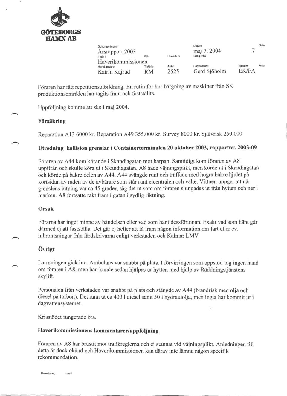 Självrisk 250.000 Utredning kollision grenslar i Containerterminalen 20 oktober 2003, rapportnr. 2003-09 Föraren av A44 kom körande i Skandiagatan mot harpan.