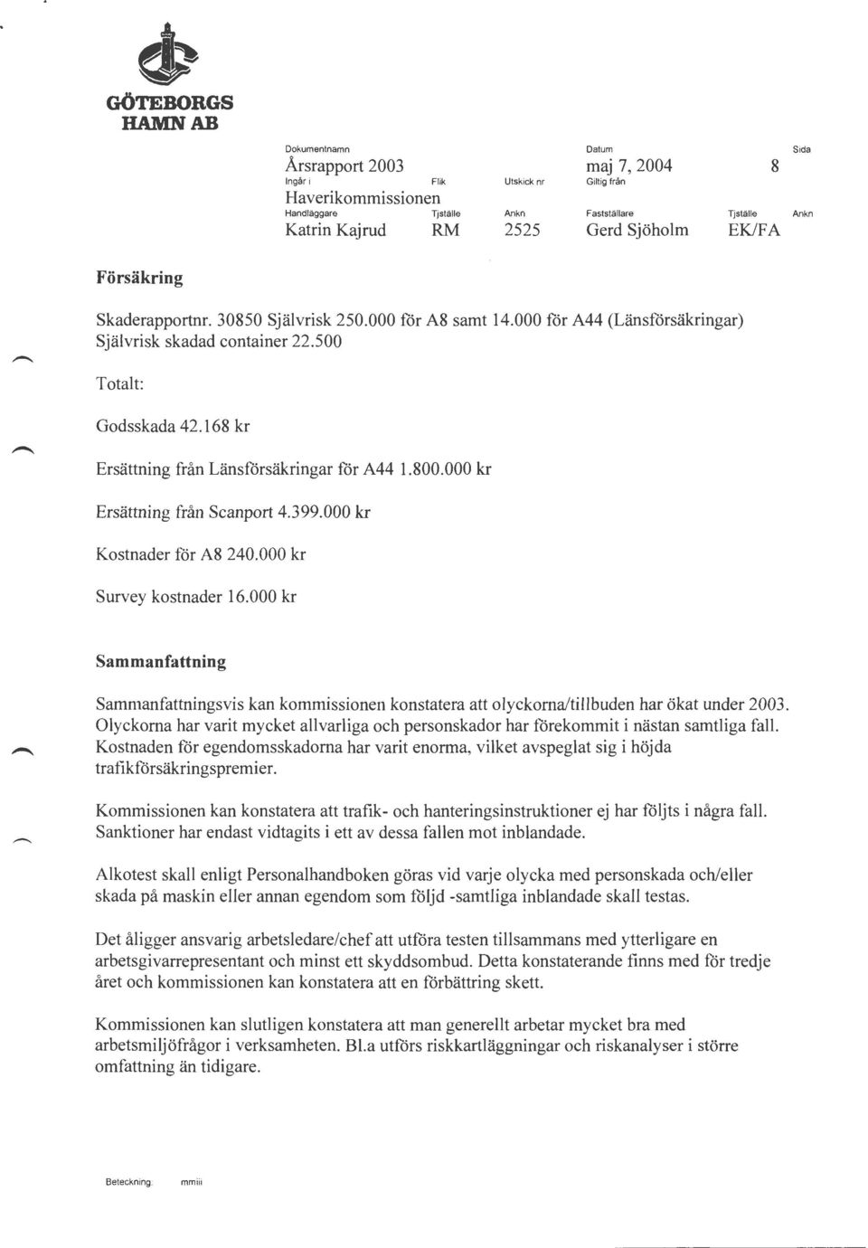 000 kr Sammanfattning Sammanfattningsvis kan kommissionen konstatera att olyckorna/tillbuden har ökat under 2003.