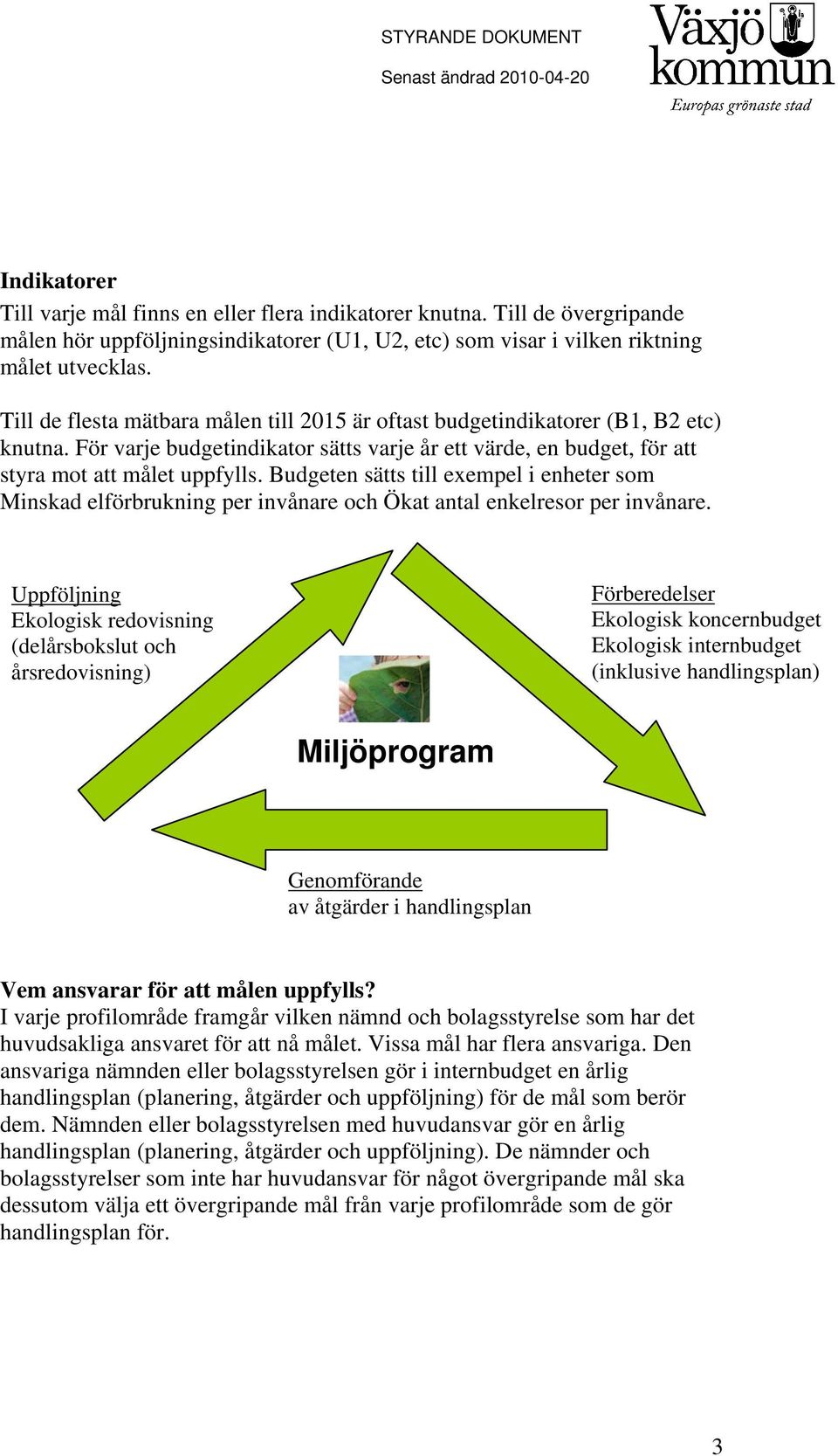 Budgeten sätts till exempel i enheter som Minskad elförbrukning per invånare och Ökat antal enkelresor per invånare.