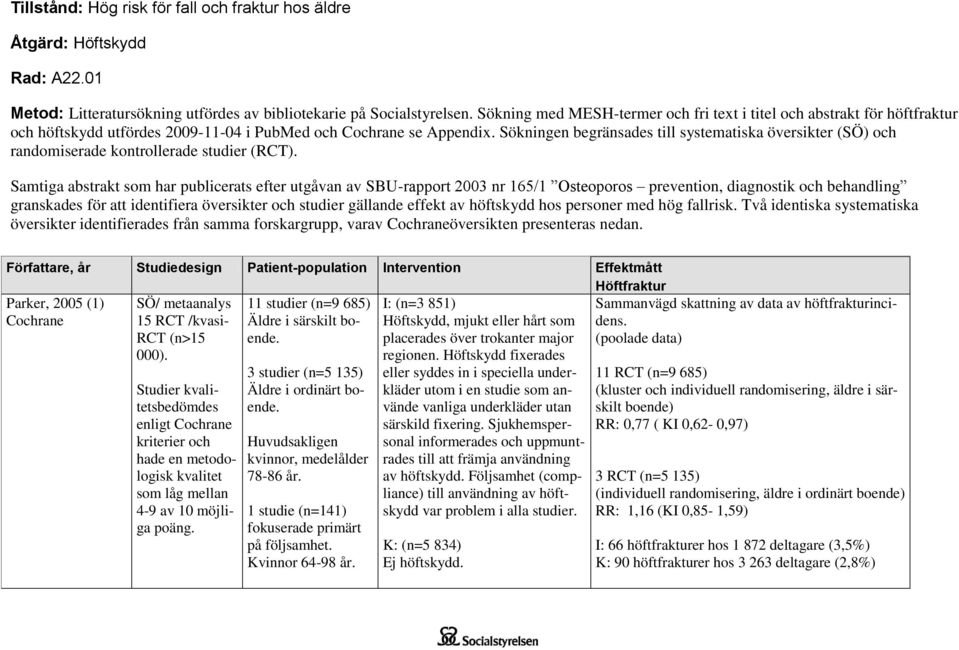 Sökningen begränsades till systematiska översikter (SÖ) och randomiserade kontrollerade studier (RCT).