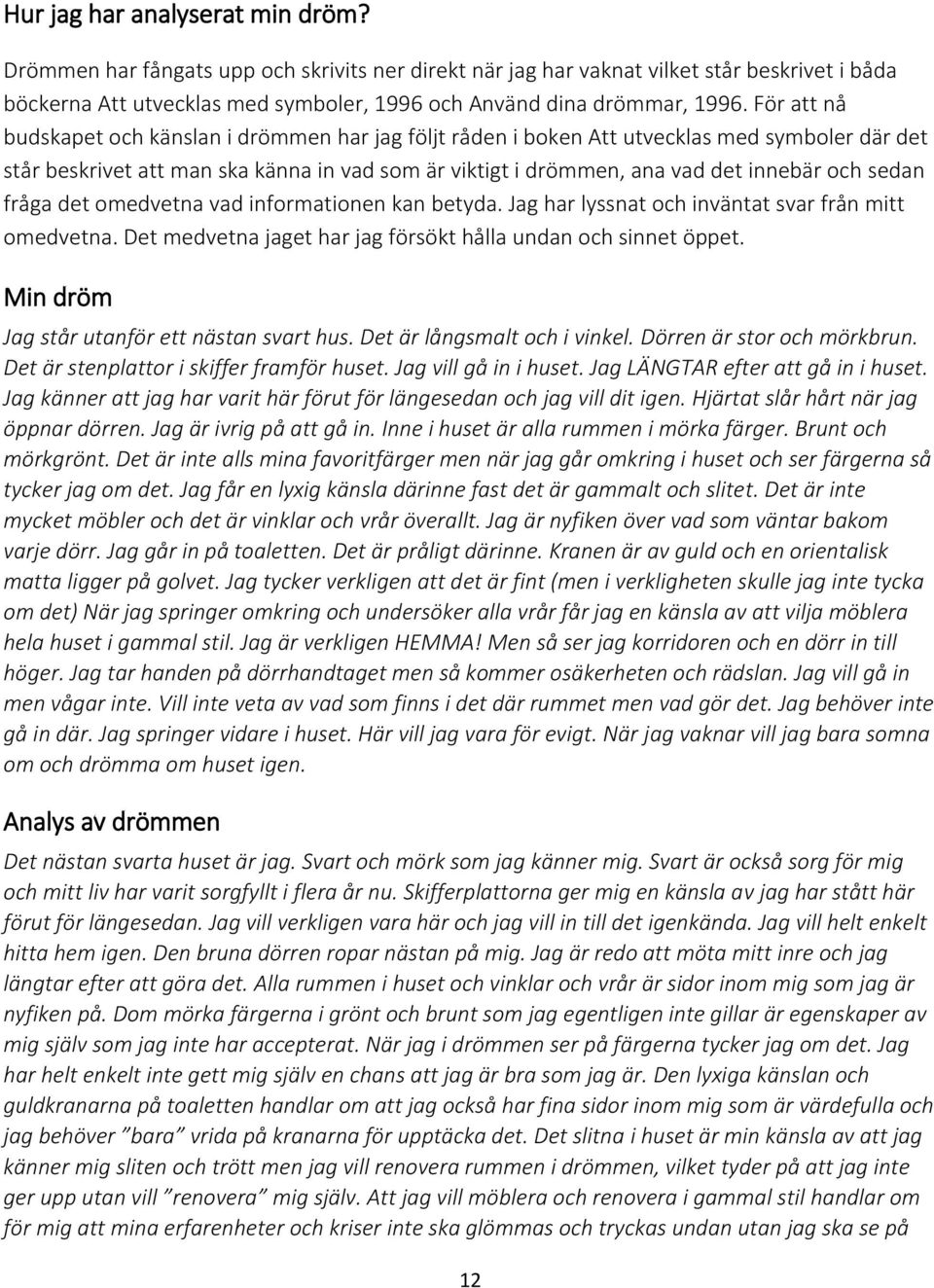 För att nå budskapet och känslan i drömmen har jag följt råden i boken Att utvecklas med symboler där det står beskrivet att man ska känna in vad som är viktigt i drömmen, ana vad det innebär och
