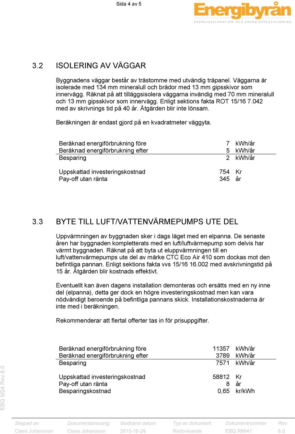 Åtgärden blir inte lönsam. Beräkningen är endast gjord på en kvadratmeter väggyta. 7 kwh/år 5 kwh/år 2 kwh/år 754 Kr 345 år 3.