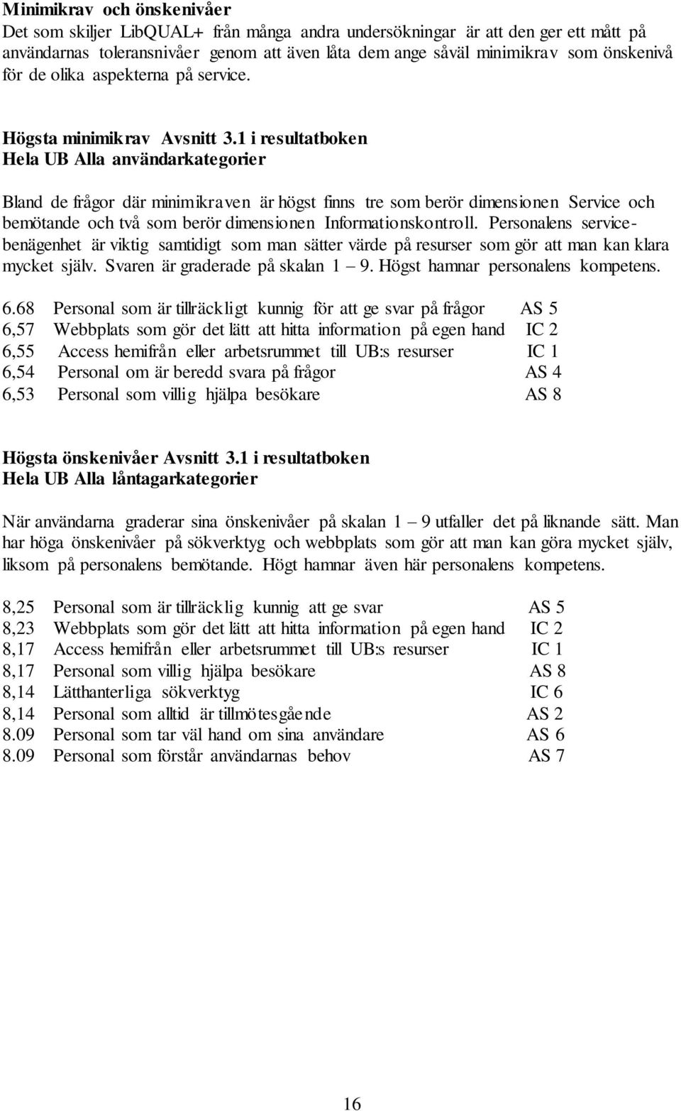 1 i resultatboken Hela UB Alla användarkategorier Bland de frågor där minimikraven är högst finns tre som berör dimensionen Service och bemötande och två som berör dimensionen Informationskontroll.