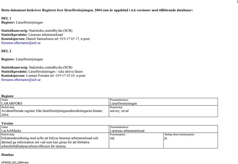 se DEL 2 Register: Lärarförsörjningen Statistikansvarig: Statistiska centralbyrån (SCB) Statistikprodukt: Lärarförsörjningen - icke aktiva lärare Kontaktperson: Lennart Forssén tel: 019-17 65 65,