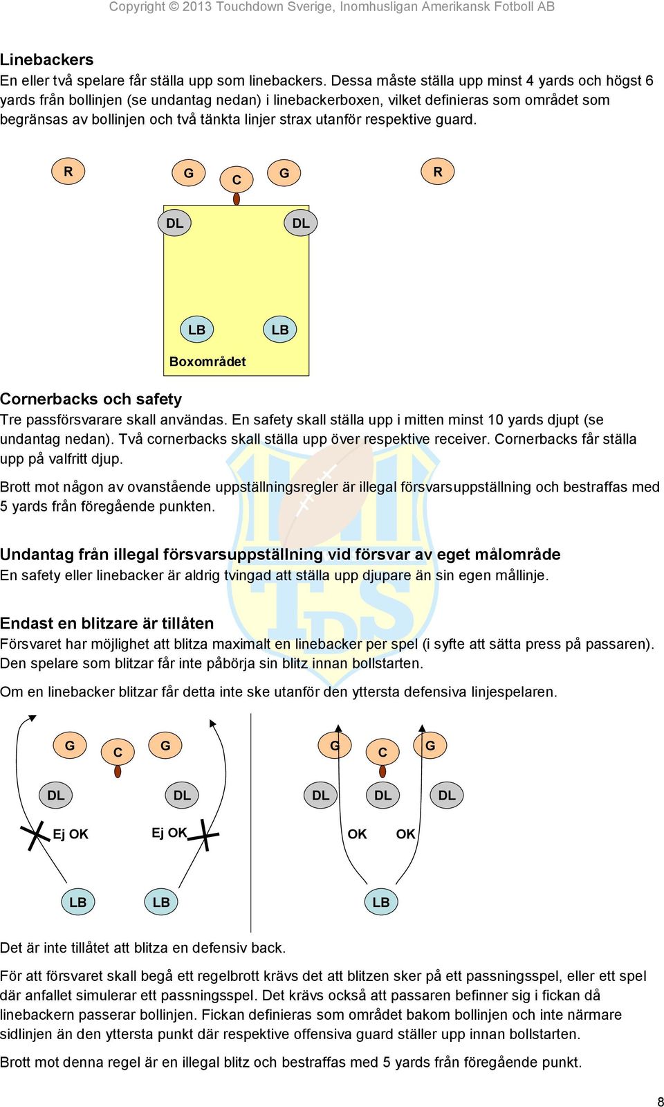 utanför respektive guard. LB LB Boxområdet ornerbacks och safety Tre passförsvarare skall användas. En safety skall ställa upp i mitten minst 10 yards djupt (se undantag nedan).