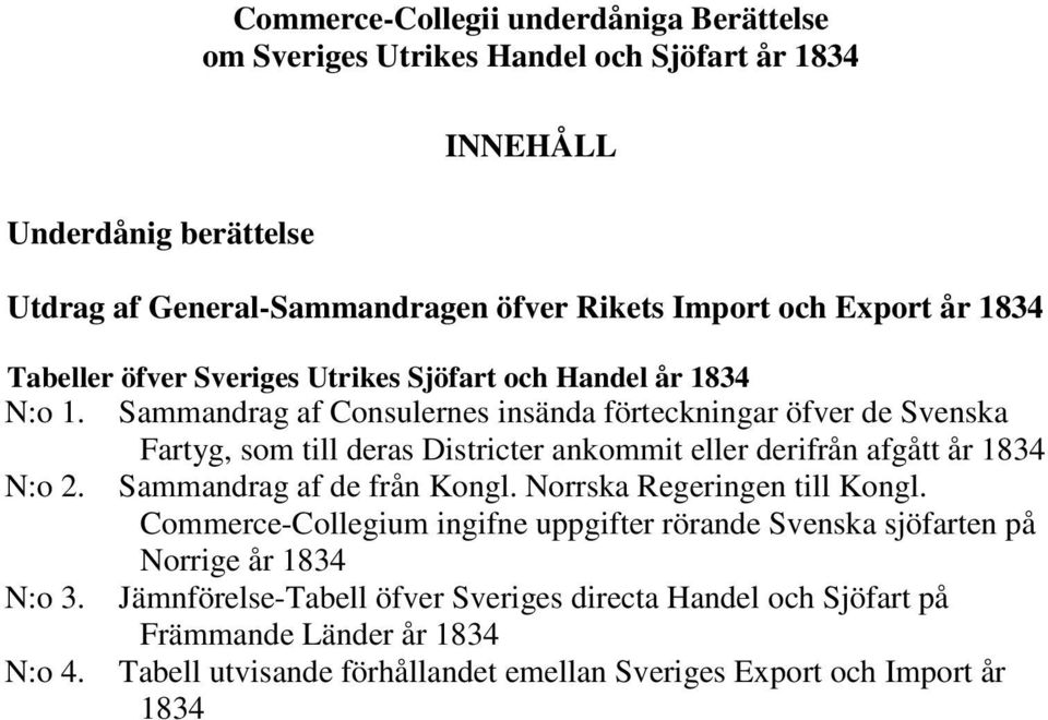 Sammandrag af Consulernes insända förteckningar öfver de Svenska Fartyg, som till deras Districter ankommit eller derifrån afgått år 1834 N:o 2. Sammandrag af de från Kongl.