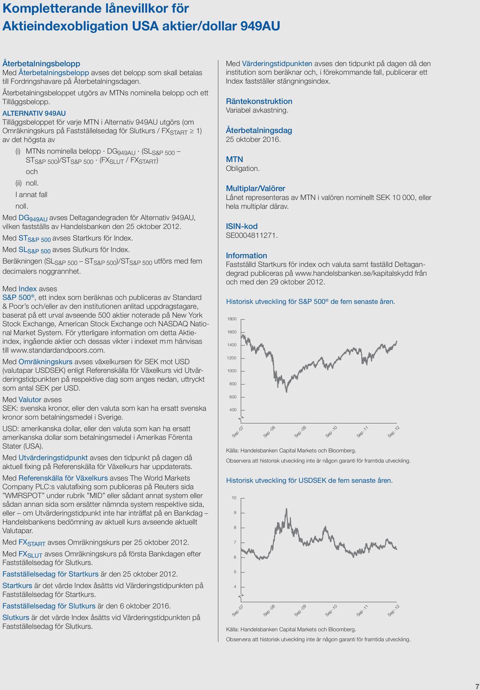 ALTERNATIV 949AU Tilläggsbeloppet för varje MTN i Alternativ 949AU utgörs (om Omräkningskurs på Fastställelsedag för Slutkurs / FX START 1) av det högsta av (i) MTNs nominella belopp DG 949AU (SL S&P