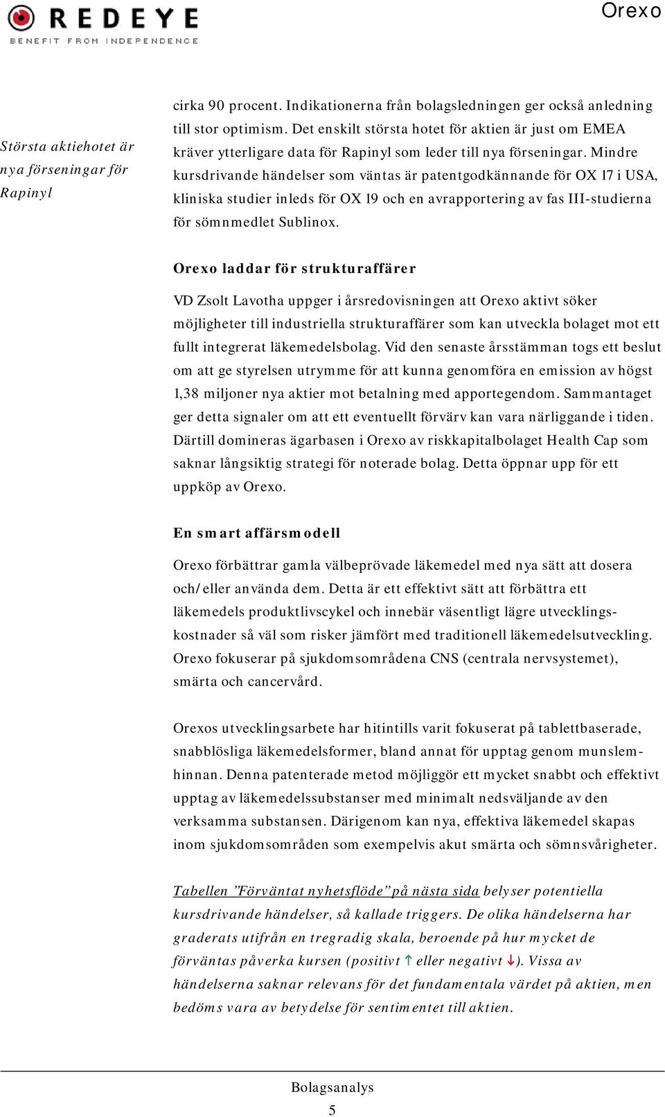 Mindre kursdrivande händelser som väntas är patentgodkännande för OX 17 i USA, kliniska studier inleds för OX 19 och en avrapportering av fas III-studierna för sömnmedlet Sublinox.