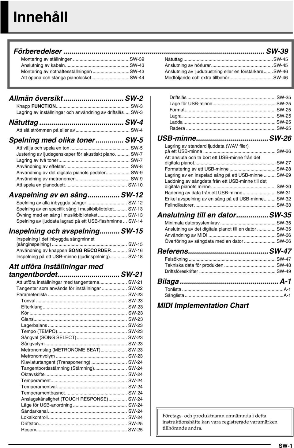 .. SW-3 Lagring av inställningar och användning av driftslås... SW-3 Nätuttag... SW-4 Att slå strömmen på eller av... SW-4 Spelning med olika toner... SW-5 Att välja och spela en ton.
