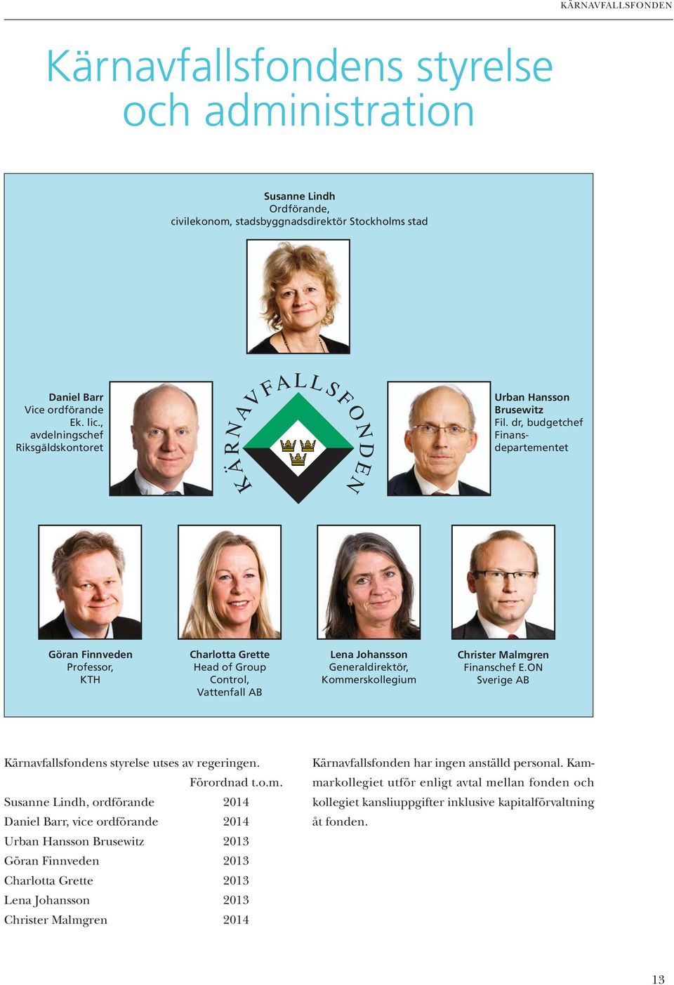 dr, budgetchef Finansdepartementet K Ä R N AV FA L L S F O N D E N Göran Finnveden Professor, KTH Charlotta Grette Head of Group Control, Vattenfall AB Lena Johansson Generaldirektör,