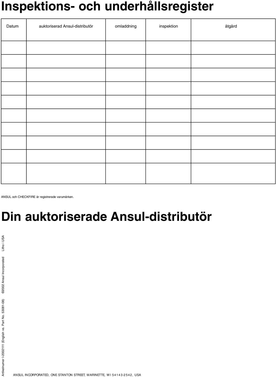 Din auktoriserade Ansul-distributör Artikelnumer I-2002111 (English vs. Part No.