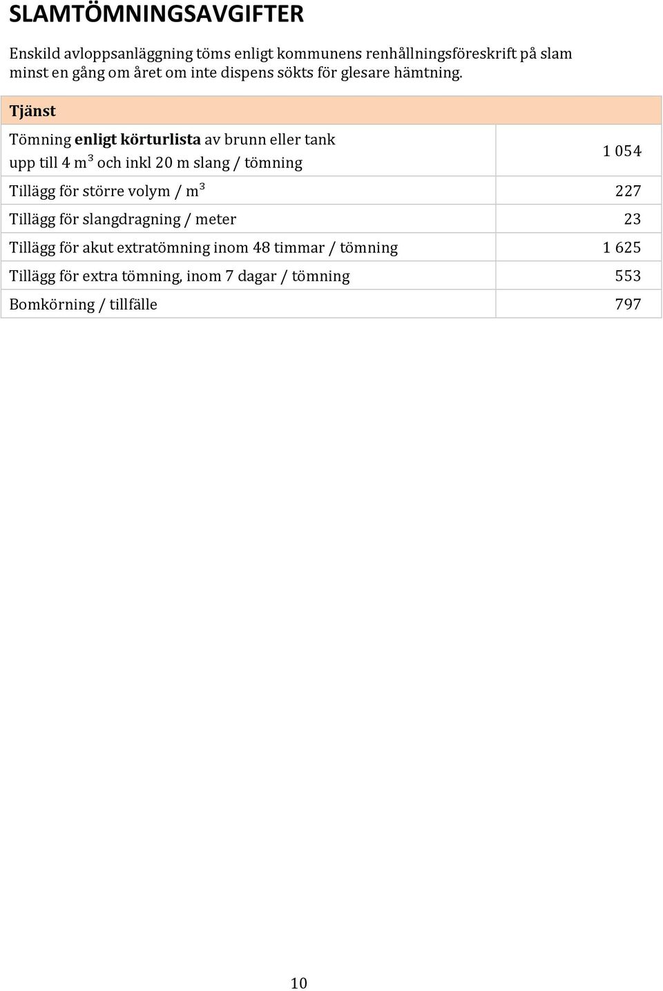 Tjänst Tömning enligt körturlista av brunn eller tank upp till 4 m³ och inkl 20 m slang / tömning 1 054 Tillägg för