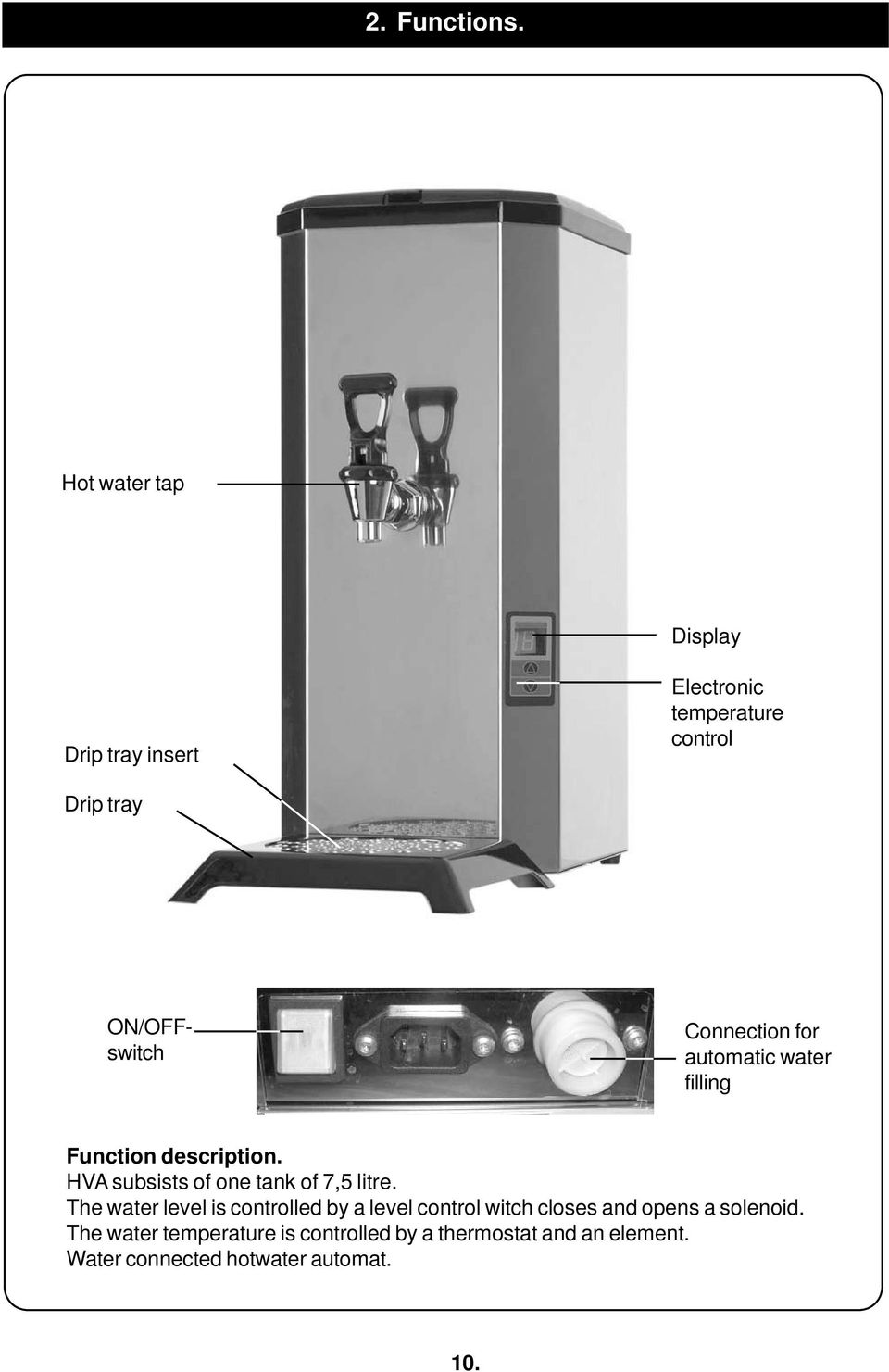 Connection for automatic water filling Function description. HVA subsists of one tank of 7,5 litre.