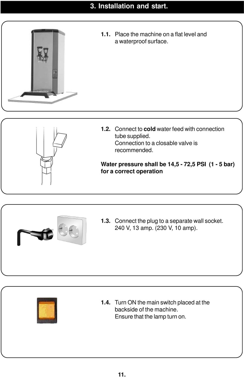 Water pressure shall be 14,5-72,5 PSI (1-5 bar) for a correct operation 1.3.