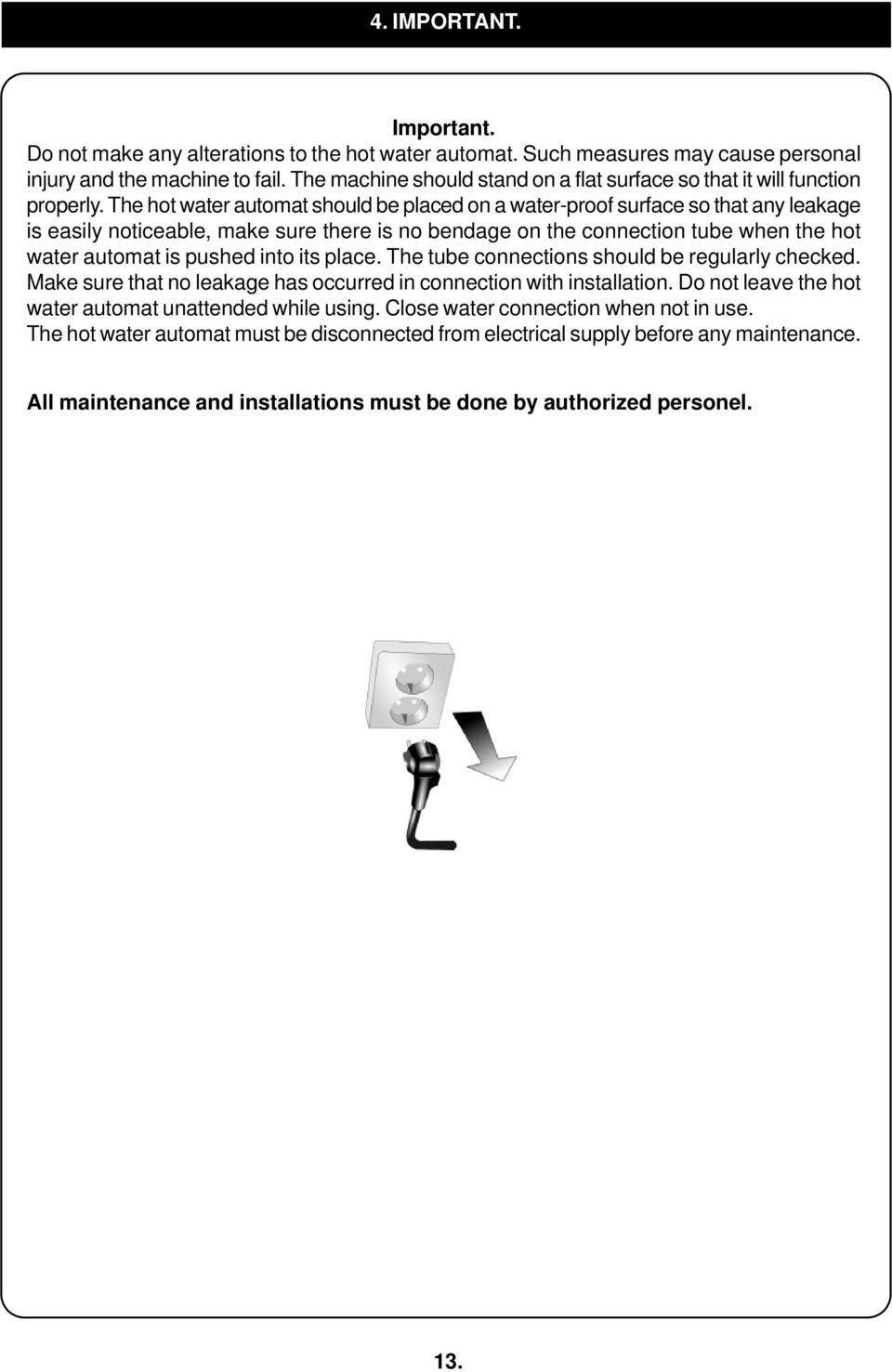 The hot water automat should be placed on a water-proof surface so that any leakage is easily noticeable, make sure there is no bendage on the connection tube when the hot water automat is pushed