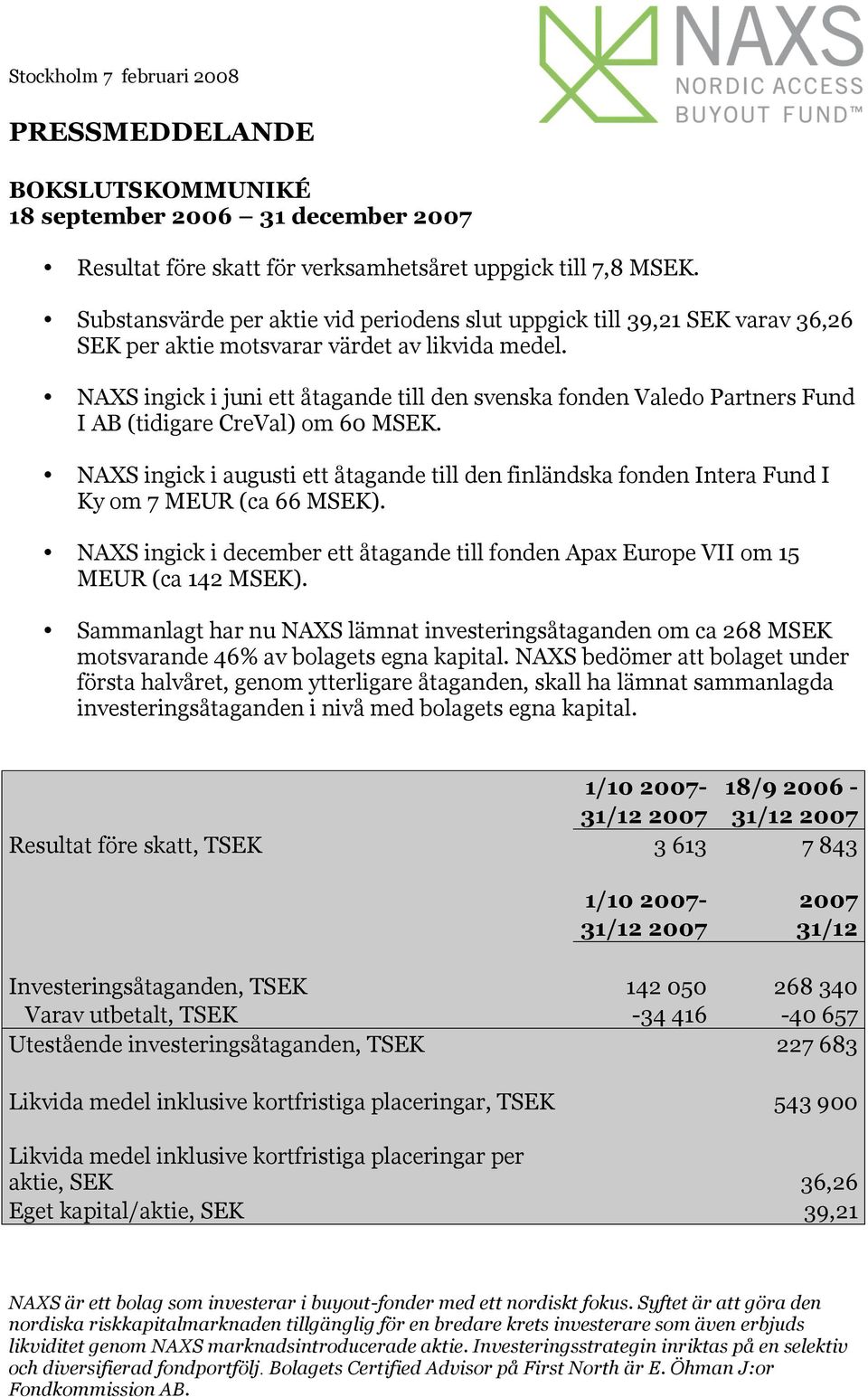 NAXS ingick i juni ett åtagande till den svenska fonden Valedo Partners Fund I AB (tidigare CreVal) om 60 MSEK.