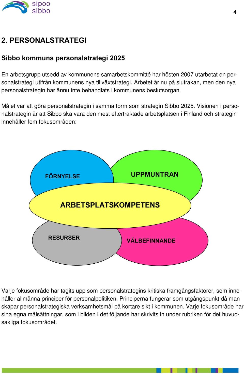 Visionen i personalstrategin är att Sibbo ska vara den mest eftertraktade arbetsplatsen i Finland och strategin innehåller fem fokusområden: )g51<(/6( 83308175$1 $5%(763/$76.