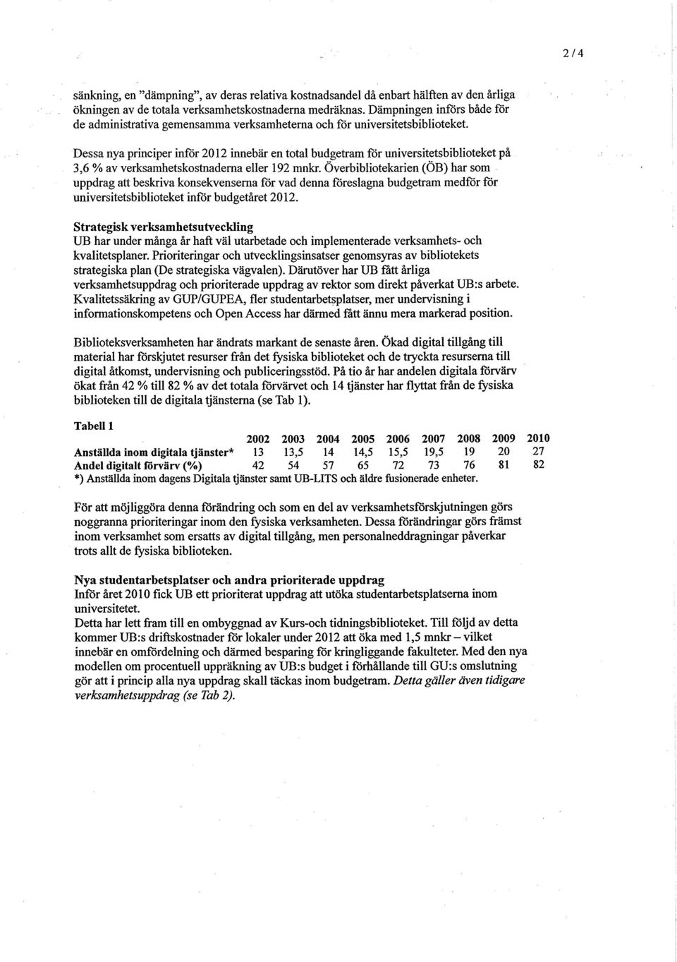 Dessa nya principer inför 2012 innebär en total budgetram för universitetsbiblioteket på 3,6 % av verksamhetskostnaderna eller 192 mnkr.