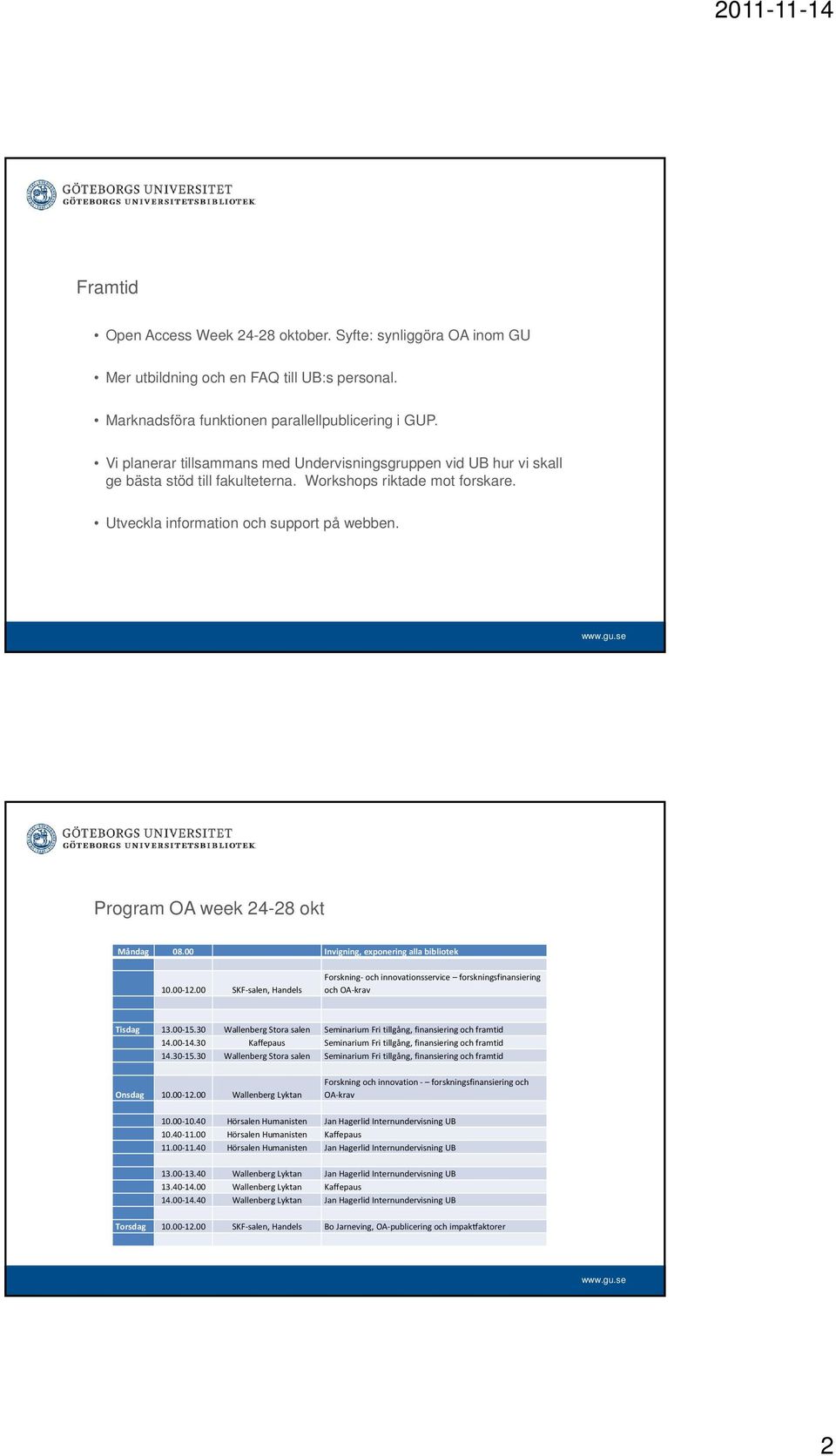 Program OA week 24-28 okt Måndag 08.00 Invigning, exponering alla bibliotek 10.00 12.00 SKF salen, Handels Forskning och innovationsservice forskningsfinansiering och OA krav Tisdag 13.00 15.