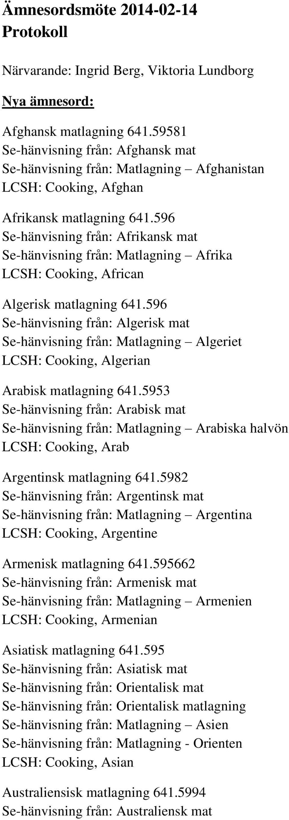 596 Se-hänvisning från: Afrikansk mat Se-hänvisning från: Matlagning Afrika LCSH: Cooking, African Algerisk matlagning 641.