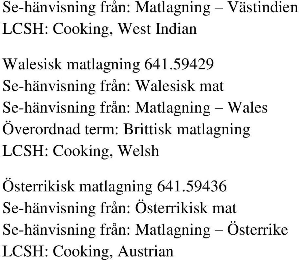 Överordnad term: Brittisk matlagning LCSH: Cooking, Welsh Österrikisk matlagning 641.